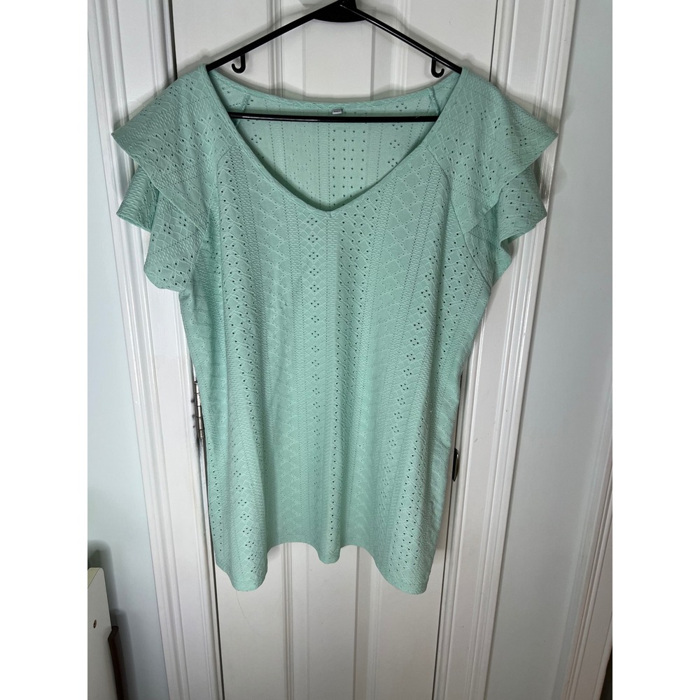 Mint Green Eyelet Knit V-Neck Top Ruffle Sleeve Blouse 2XL